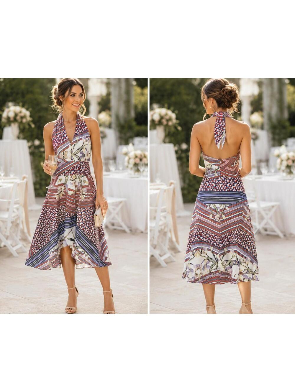 Multicolor Floral Coquette Style Flare Skirt Soft Girl Y2k Halter Dress Sz 10